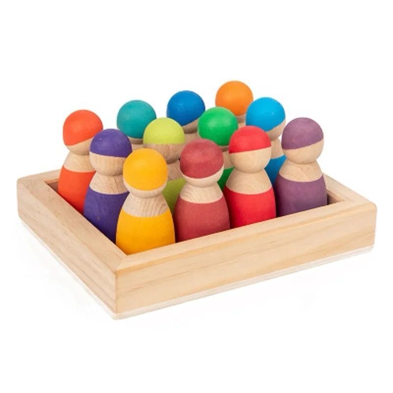 Grimms Wooden Rainbow Friends 12 Pcs | الدمى الخشبية الملونة ١٢ قطعة