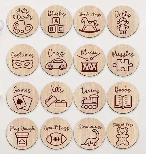 بطاقات خشبيه لترتيب وتصنيف صناديق الألعاب | Wooden cards for sorting and classifying toy boxes 