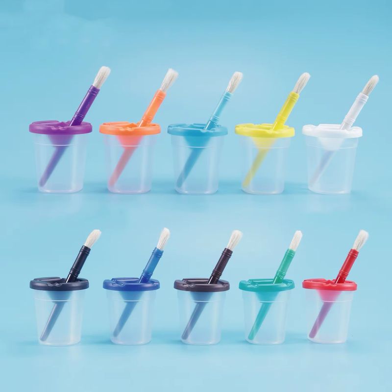 مجموعة من ١٠ أكواب مانعة للأنسكاب مع فرش |  10 Pcs No-Spill Paint Cups and Brush Set