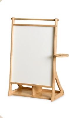 سبورة خشبية لوح رسم مع رول ورقي ومساحة للتخزين وحامل لثلاث أكواب | Wooden easel drawing board with paper roll, storage space, and holder for three cups.