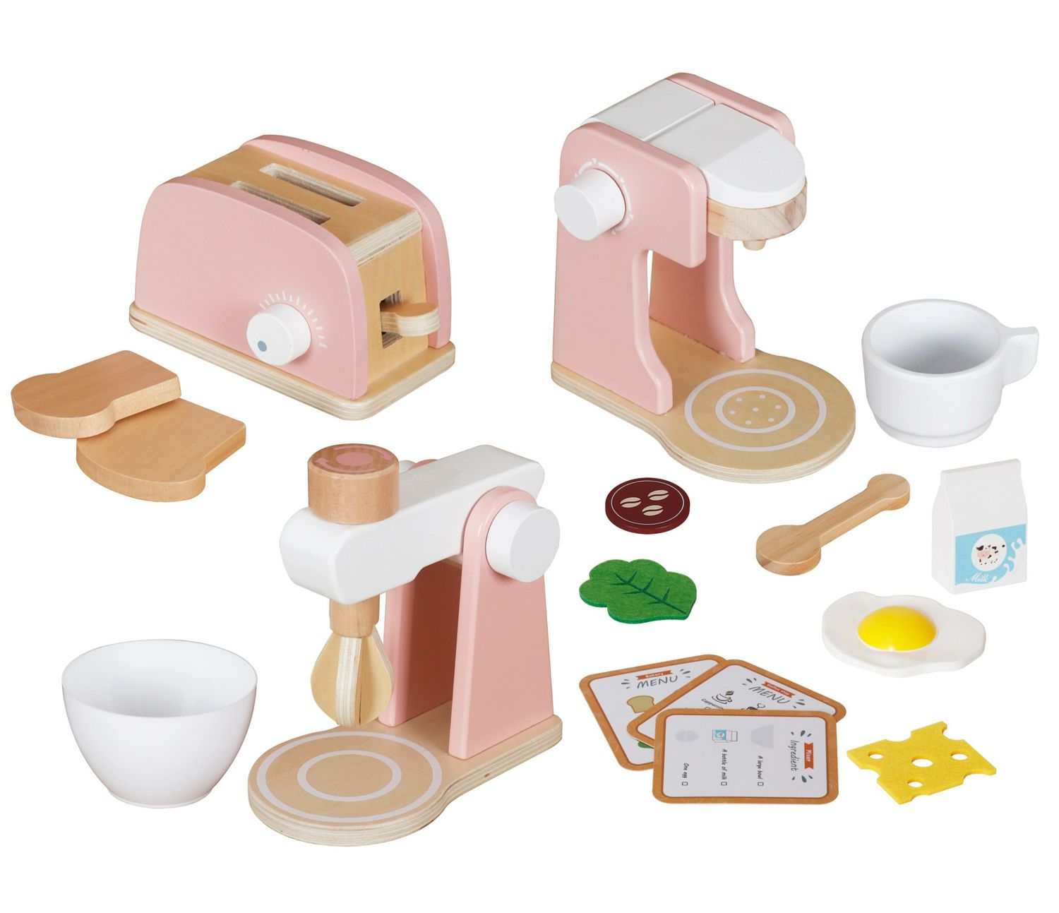 مجموعة اللعب التخيلي حماصة الخبز ، آلة القهوة ، عجانة خشب ( وردي ) | roll Play Set: Toaster, Coffee Machine, Wooden Dough Mixer (pink) |