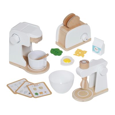 مجموعة اللعب التخيلي حماصة الخبز ، آلة القهوة ، عجانة خشب ( أبيض ) | roll Play Set: Toaster, Coffee Machine, Wooden Dough Mixer (White) |