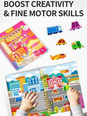 كتيب أطفال بملصقات قابلة لإعادة الأستخدام بشكل متكرر | Children's book with reusable stickers ( (مركبات )  لعبة سفر travel toy 