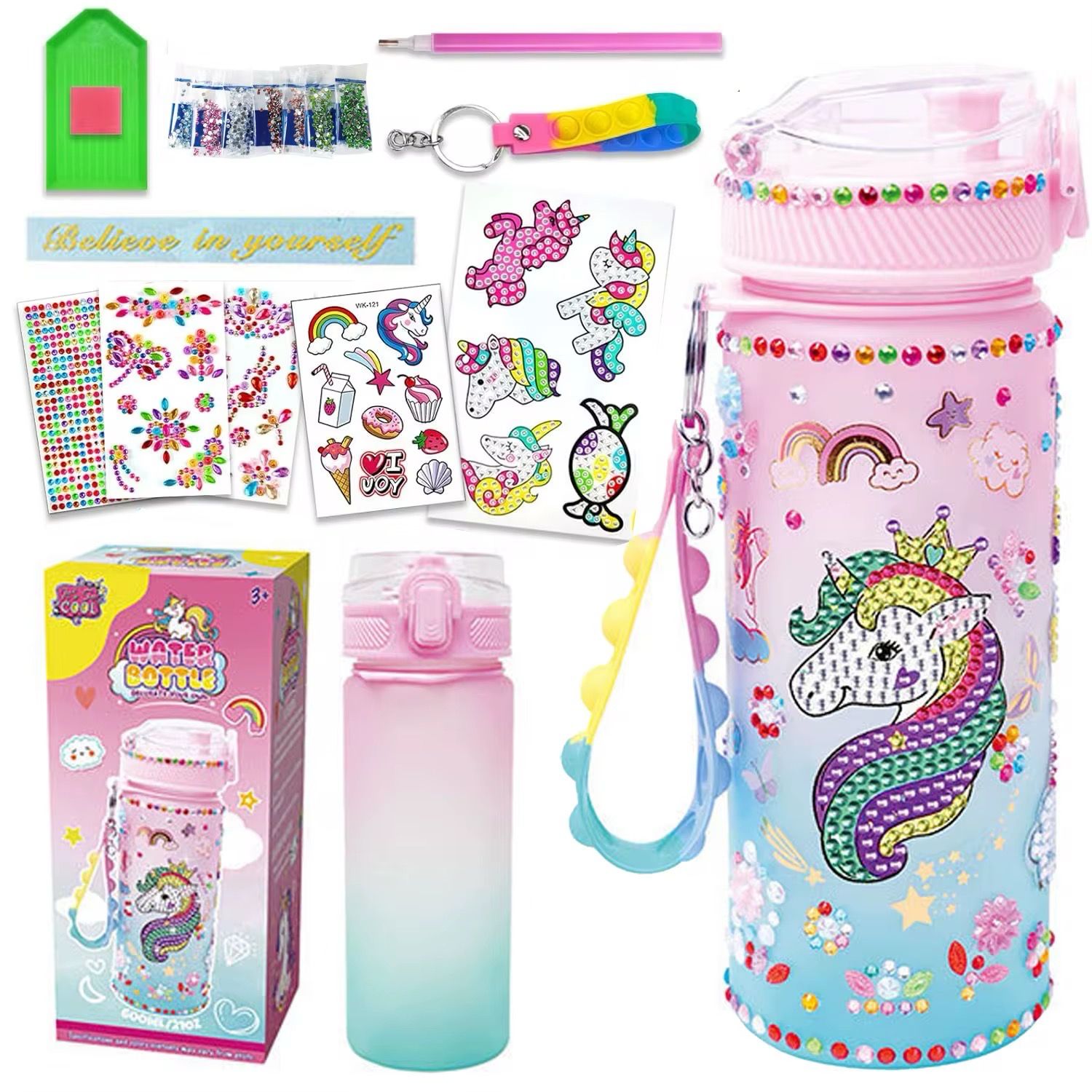 مطارة ماء يونيكورن للأطفال للتزيين بالكريستال والملصقات – | DIY Unicorn Crystal Water Bottle for Kids – 600ml Decorate Your Own Bottle with Stickers & Gems عمل يدوي مطارة ماء يونيكورن للأطفال للتزيين بالكريستال والملصقات – | DIY Unicorn Crystal Water Bottle for Kids – 600ml Decorate Your Own Bottle with Stickers & Gems عمل يدوي