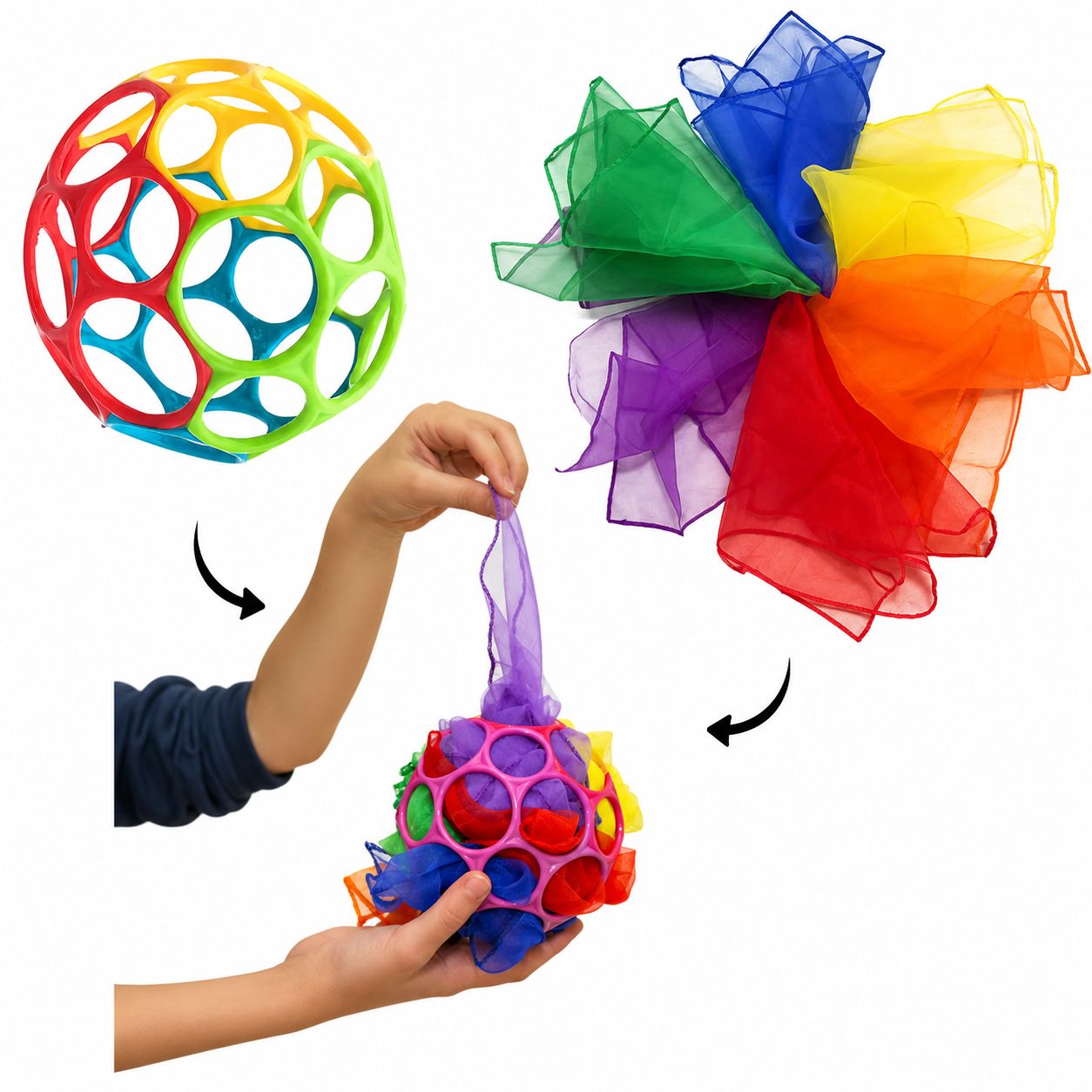 O ball Montessori sensory ball with scarves | كرة منتسوري الحسية مع أقمشة ملونة O ball Montessori sensory ball with scarves | كرة منتسوري الحسية مع أقمشة ملونة