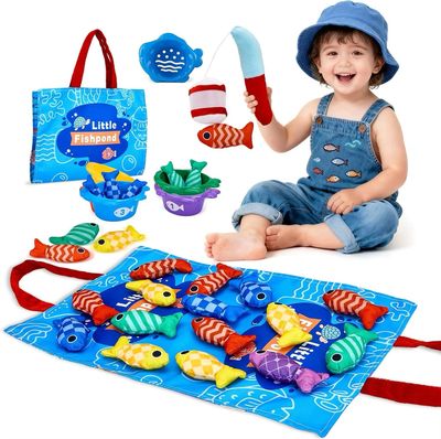: لعبة صيد الأسماك القماشية للأطفال  مع صنارة وأكواب فرز وتعليم الأرقام والألوان| 22-Piece Fabric Fishing Game for Kids Fishing Set with Sorting Cups, Number Counting & Color Learning
