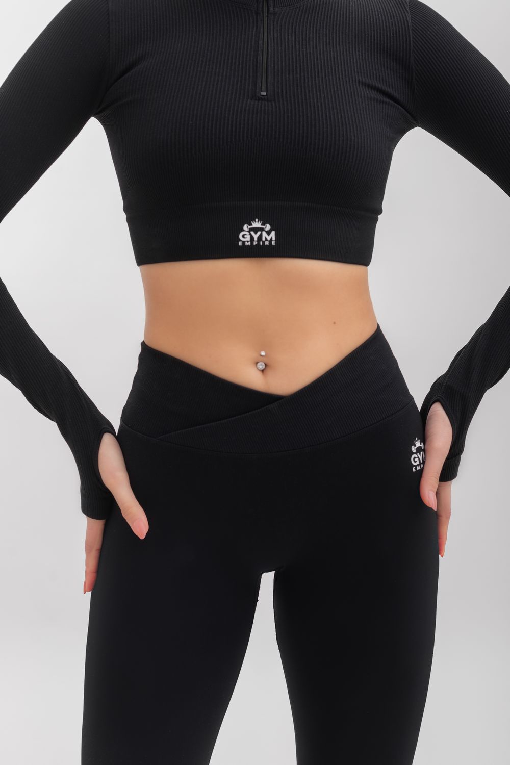 Empire Glamour Ribbed Long Sleeve Zip Front Crop Top