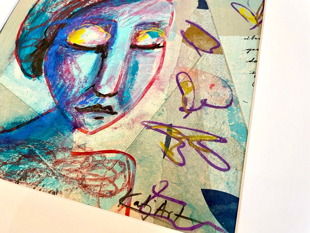 Close-up of &quot;Vera&quot;. Each piece is made with layers of Collage, Drawing and Painting