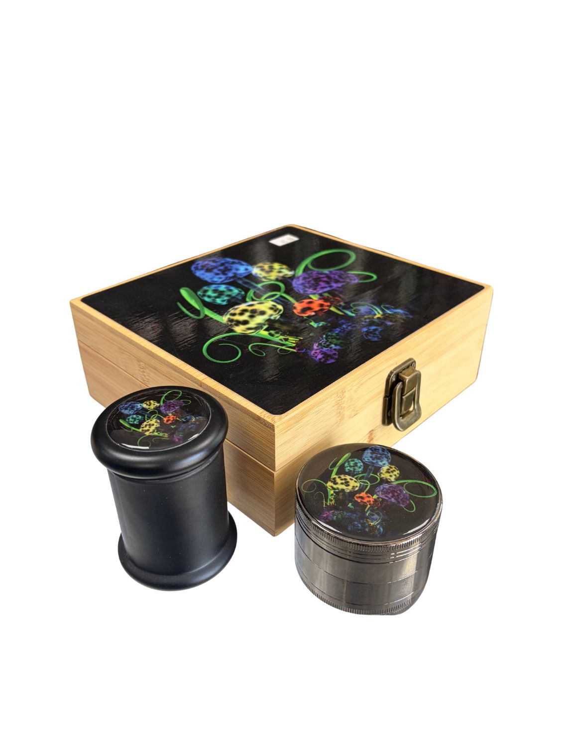 Cali Factory Large Storage/Stash Box W/ Glass Jar &amp; Grinder, Size: Large Fluorescent Mushroom Bamboo Stash Box