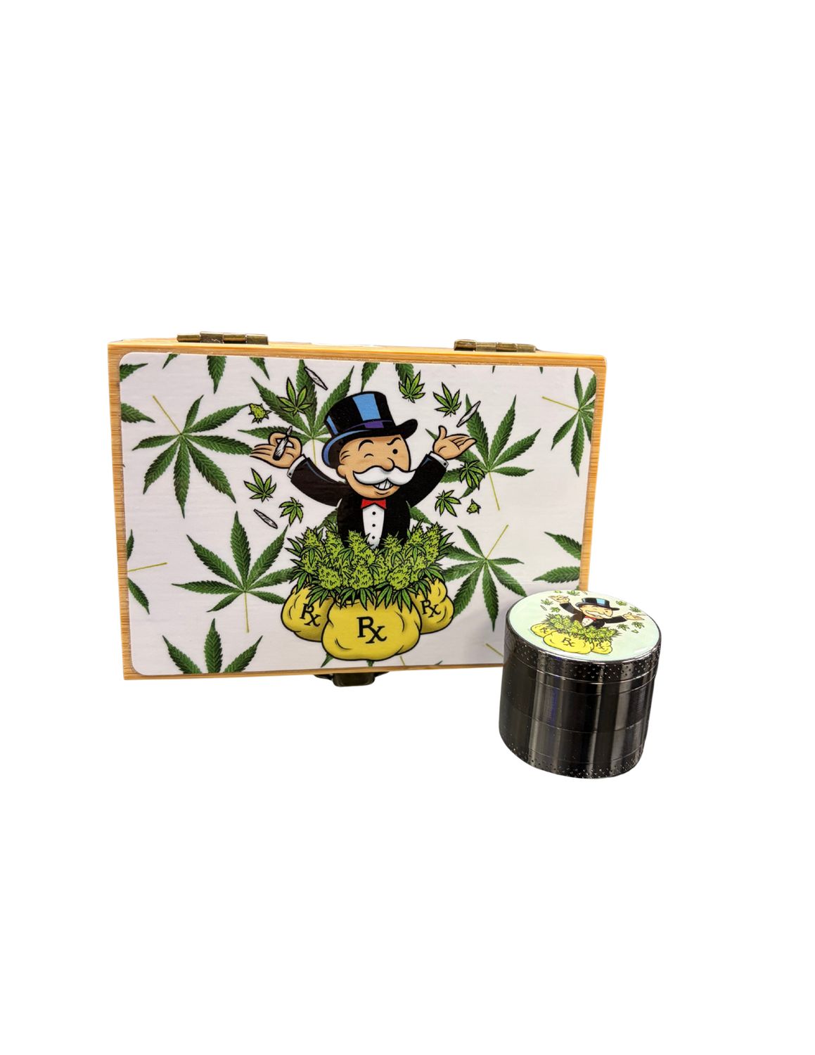 Cali Factory Medium Storage/Stash Box W/ Glass Jar &amp; Grinder, Size: Medium Psychedelic Design Bamboo Stash Box