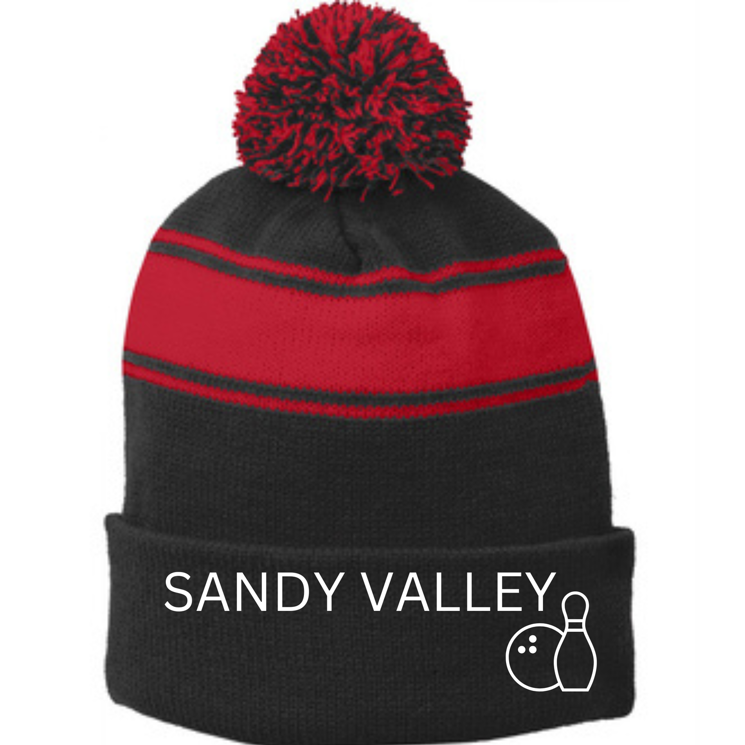 Embroidered Red/Black PomPom Beanie
