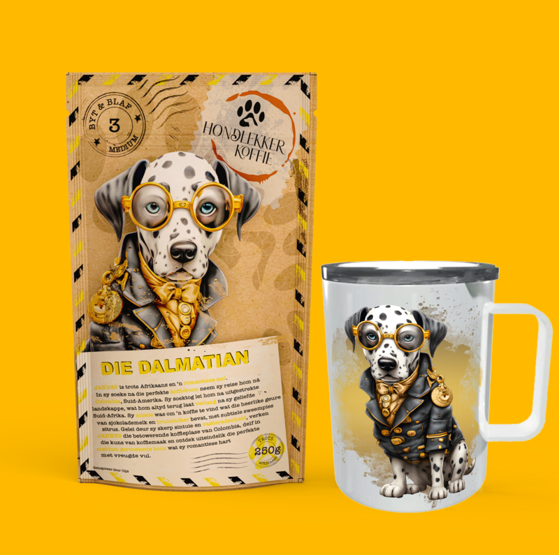 GESKENKPAK - ENIGE HOND met 250g BONE/GEMAAL en 390ml THERMAL KOFFIEBEKER verpak in 'n hessian sak