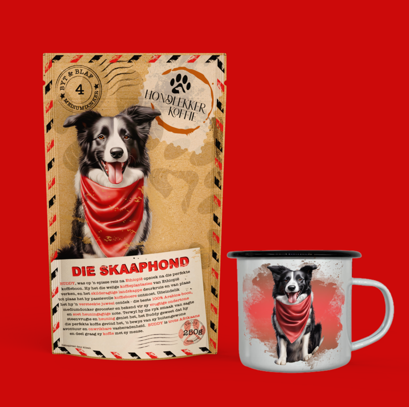 GESKENKPAK - ENIGE HOND met 250g BONE/GEMAAL en ENAMEL KOFFIEBEKER verpak in 'n hessian sak
