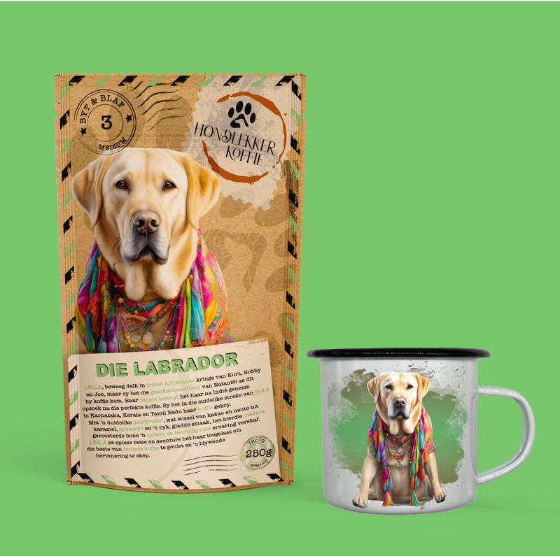 GESKENKPAK MET EIE NAAM - ENIGE HOND met 250g BONE/GEMAAL en ENAMEL KOFFIEBEKER verpak in 'n hessian sak