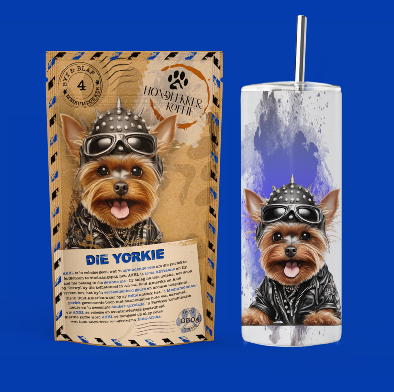 GESKENKPAK MET EIE NAAM - ENIGE HOND met 250g BONE/GEMAAL en 440ml THERMAL TUMBLER MET 'N NAAM OP verpak in 'n hessian sak