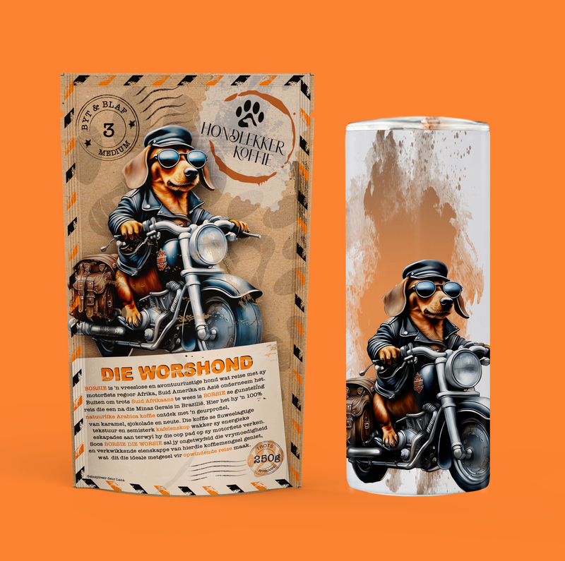 GESKENKPAK - ENIGE HOND met 250g BONE/GEMAAL en 440ml THERMAL TUMBLER verpak in 'n hessian sak