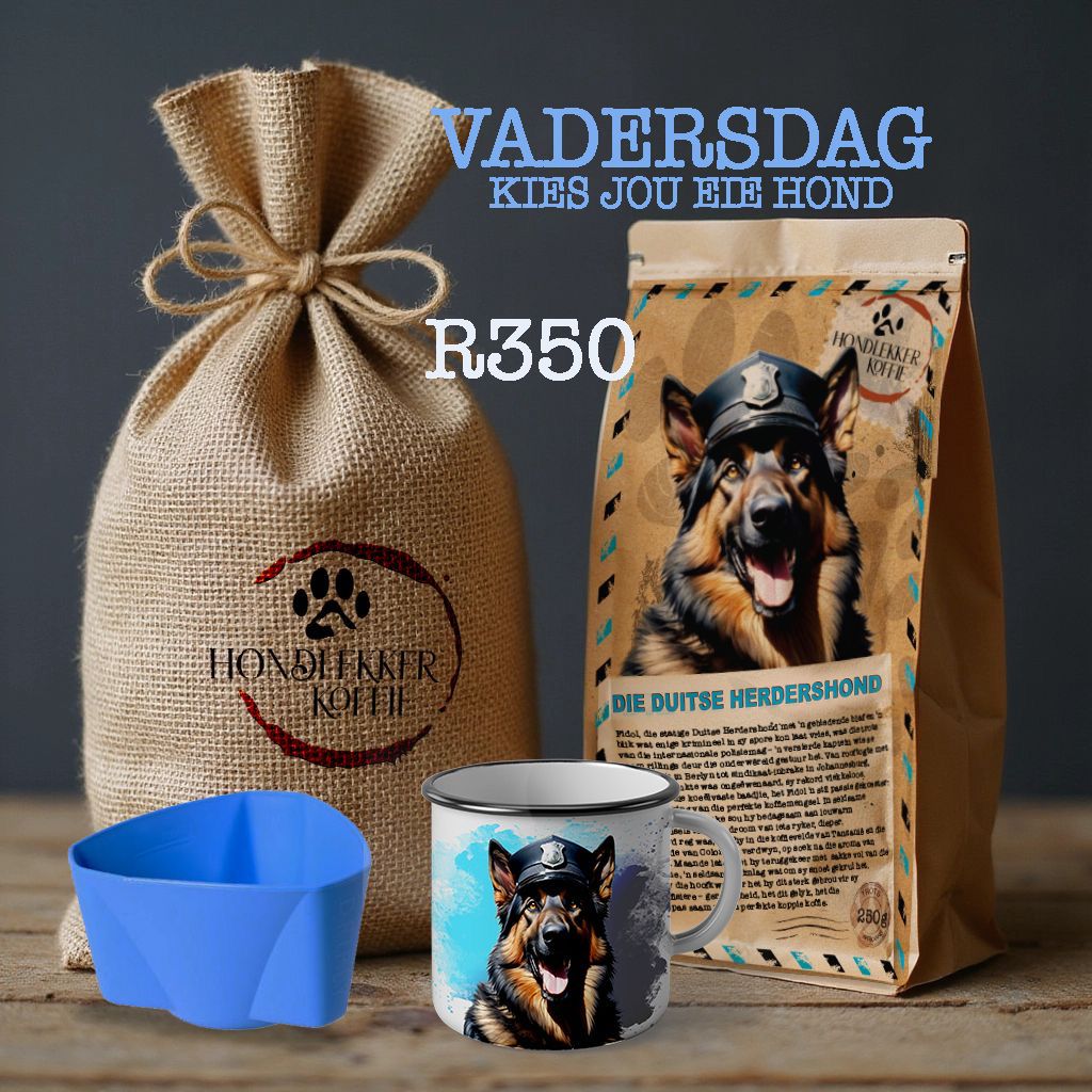 VADERSDAG GESKENKSAK MET KOFFIE, DRIPLY KOFFIEMAKER  EN &#39;N ENAMEL KOPPIE
