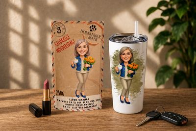 250g KOFFIE MET PERSOONLIKE CARTOON EN BOODSKAP MET KOPPIE, ENAMEL BEKERTJIE OF TUMBLER (OPSIONEEL)