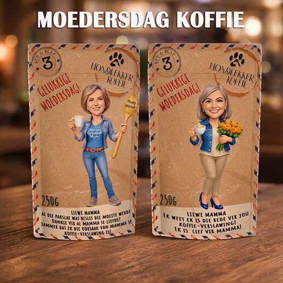 MOEDERSDAG GESKENK!  250g KOFFIE MET PERSOONLIKE CARTOON EN BOODSKAP MET KOPPIE, ENAMEL BEKERTJIE OF TUMBLER (OPSIONEEL)