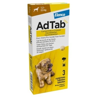Adtab Kauwtablet Voor Honden 3 stuks - Anti vlooien en tekenmiddel - 1.3 - 2.5 Kg
