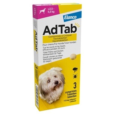 Adtab Kauwtablet Voor Honden 3 stuks - Anti vlooien en tekenmiddel - >2.5-5.5 Kg