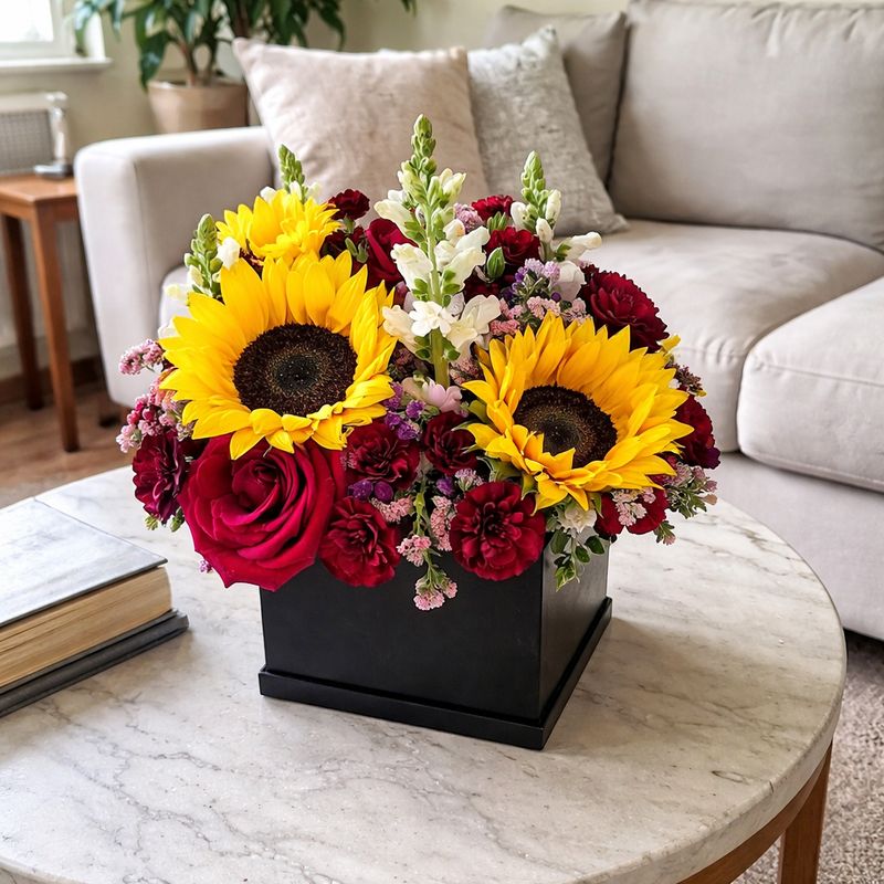Caja con rosas, girasoles y perritos