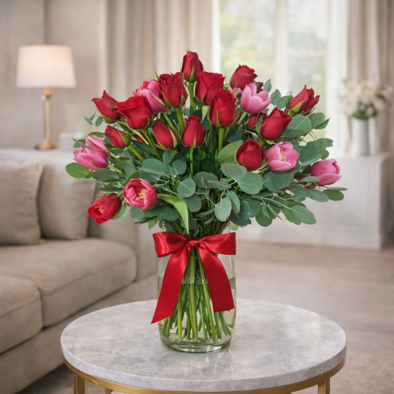 Florero de tulipanes y rosas