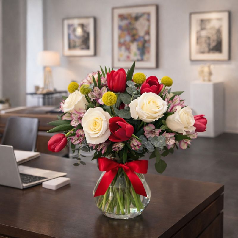 Tulipanes, rosas y craspedias