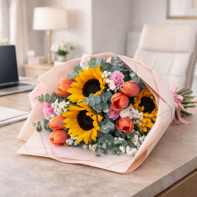 Bouquet de tulipanes y girasoles