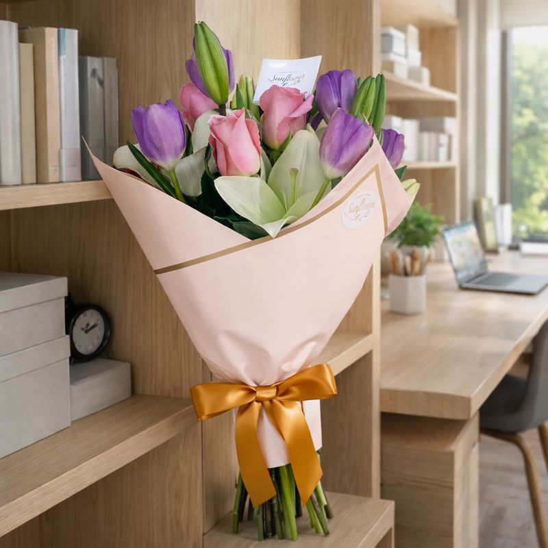 Bouquet de tulipanes y Lilis-