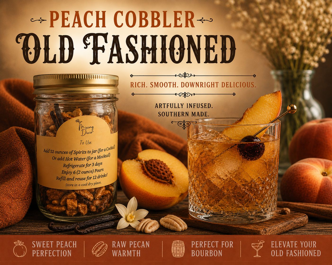 Peach Cobbler Old Fashioned Craft Cocktail Infusion Jar