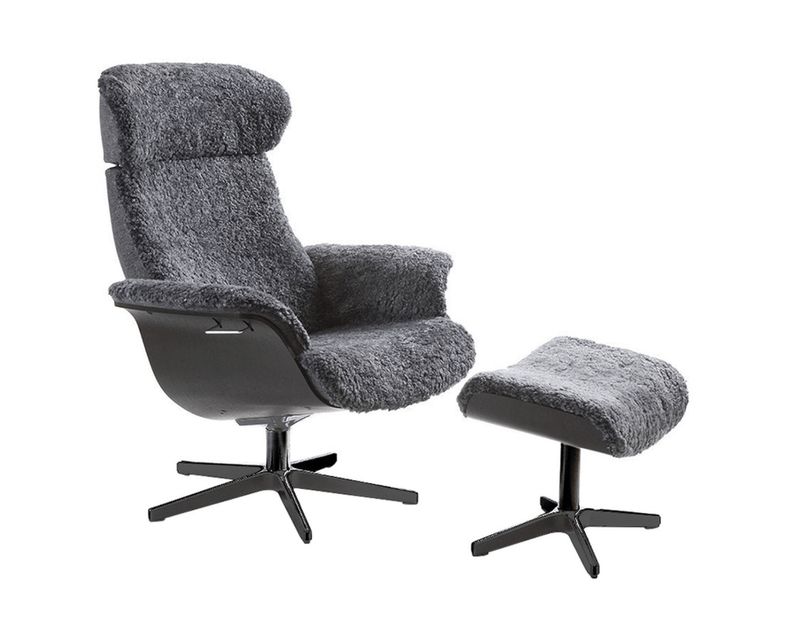 Timeout Chair & Ottoman Set- Grey Sheepskin/ Black