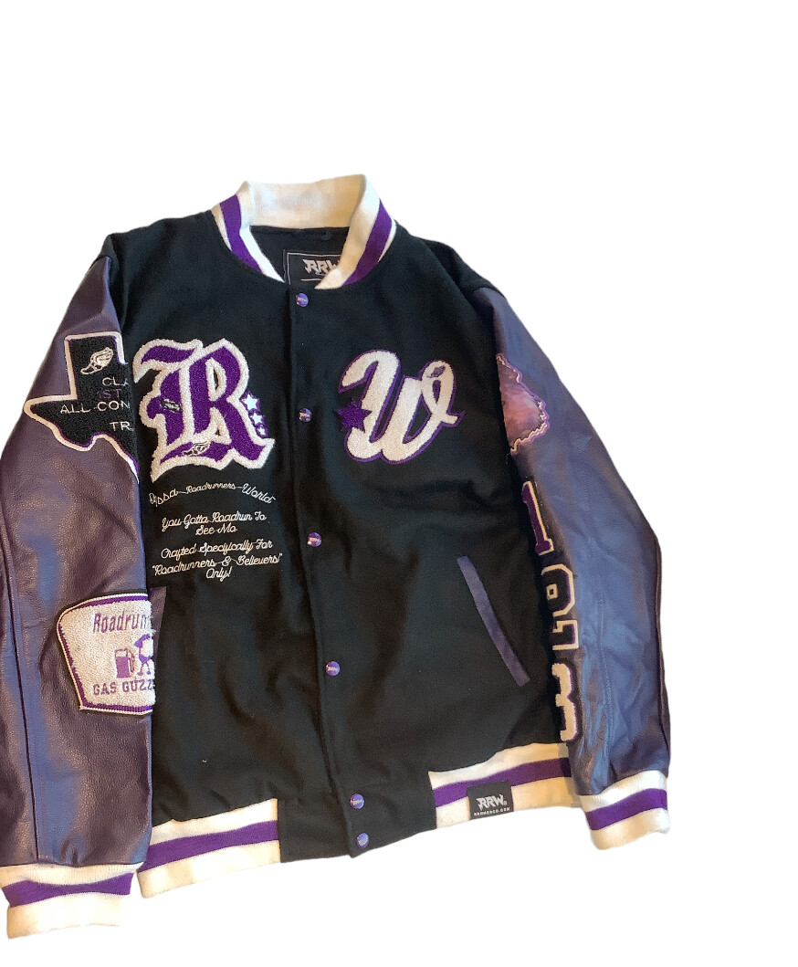 RR “Letterman Jacket”, Color: Purple  black, Size: Small