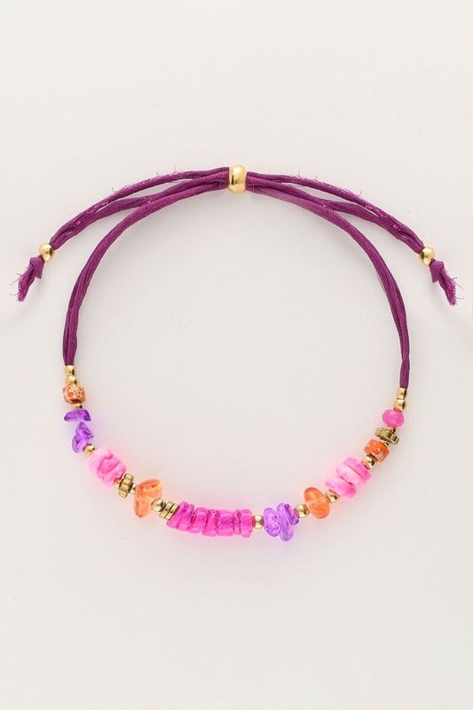 My Jewellery Bracelet purple cord pink beads Goud