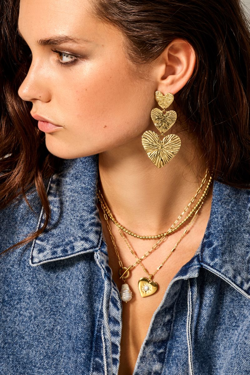 My Jewellery Earring 3 hearts hammered stripe Goud