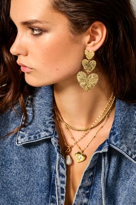 My Jewellery Earring 3 hearts hammered stripe Goud