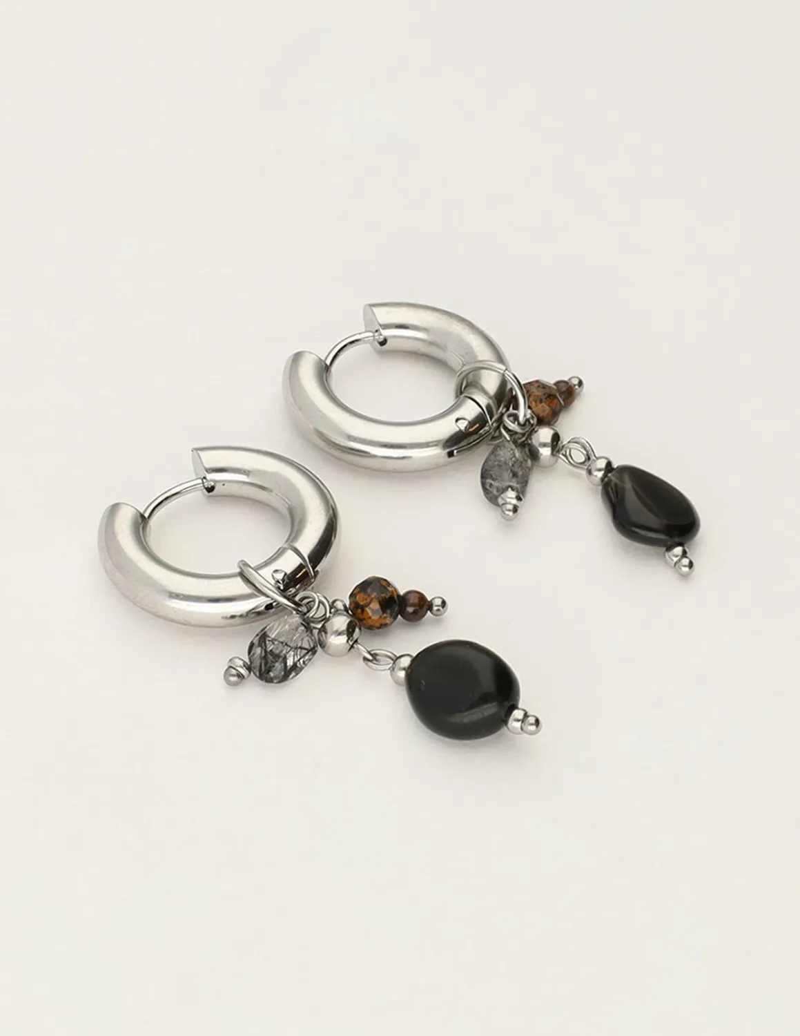 My Jewellery Earring hoop black stones Zilver