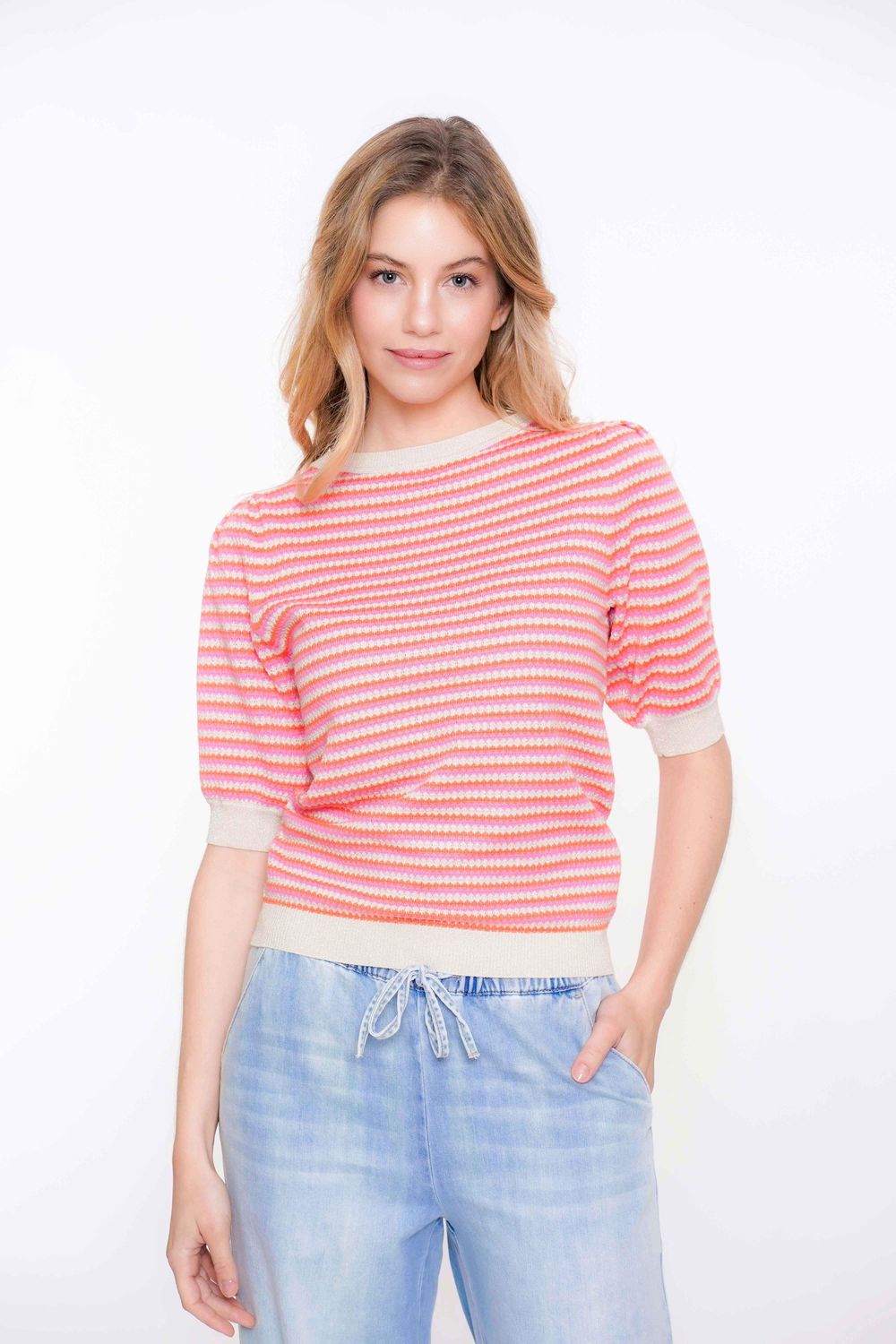Geisha Pullover stripes short sleeves Beige
