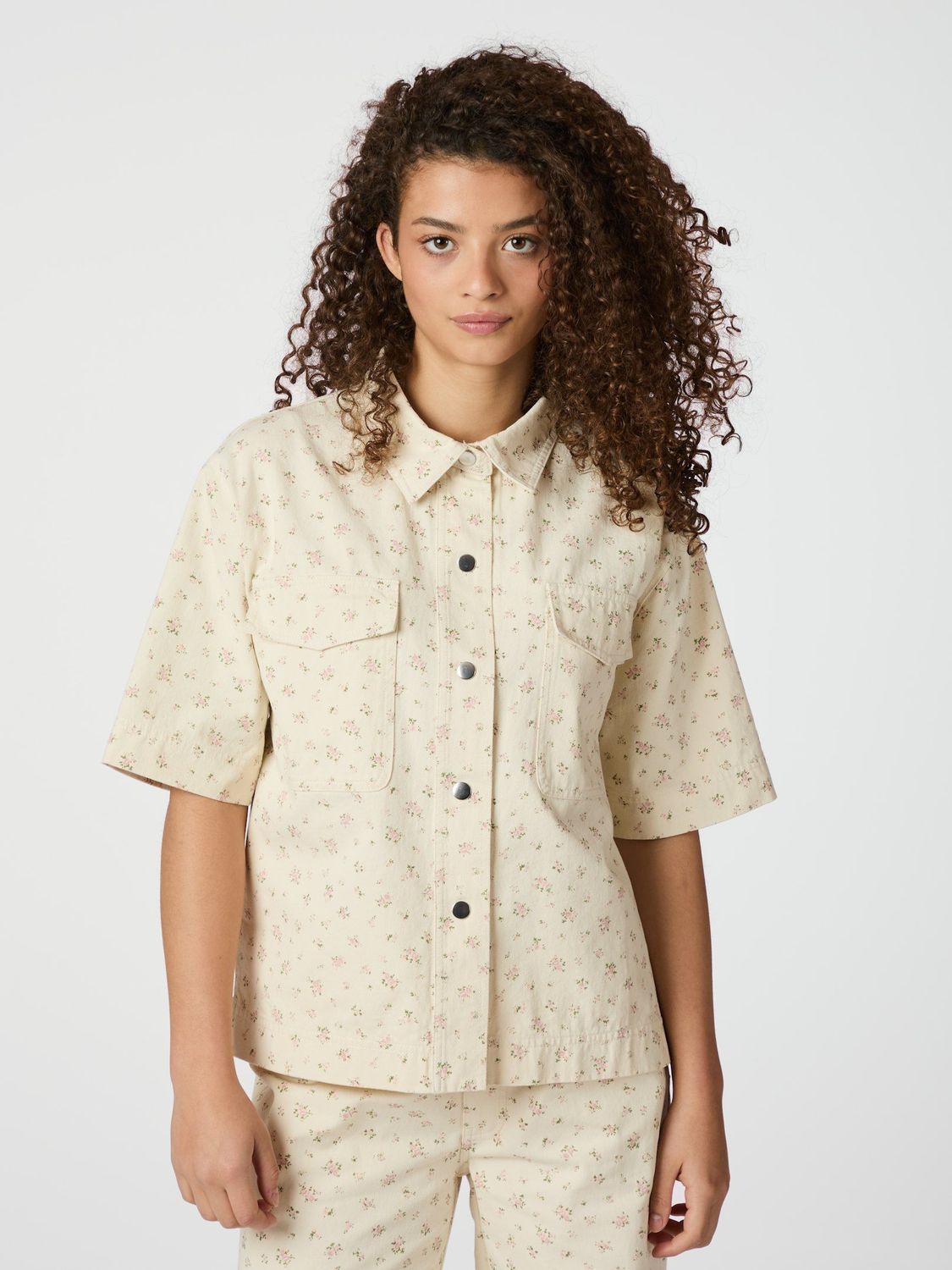 Neo Noir Tiki floral Denim Shirt Ecru