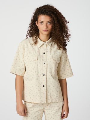 Neo Noir Tiki floral Denim Shirt Ecru