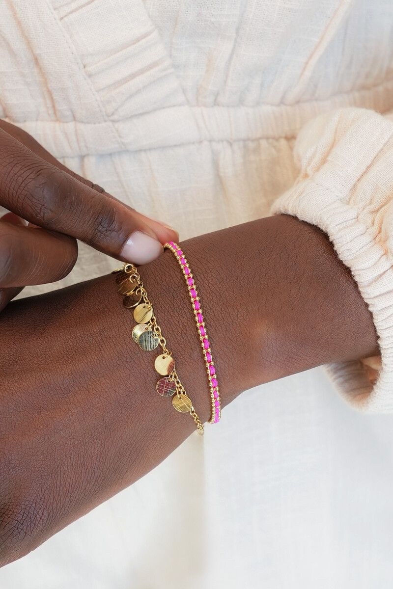 My Jewellery Armband met ballchain goud met roze koord