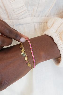 My Jewellery Armband met ballchain goud met roze koord