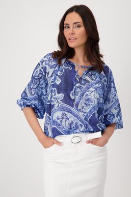 Monari Blouse blauw print rond hals