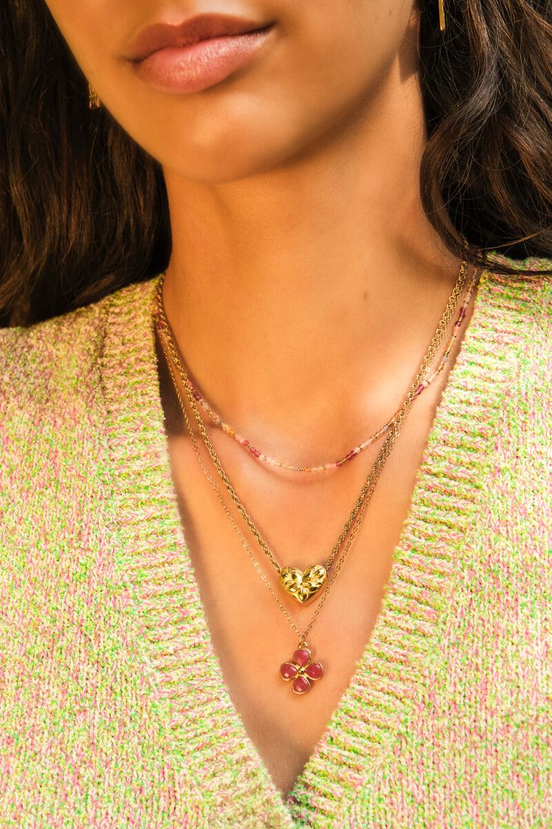 My Jewellery Necklace clover pink agate Goud