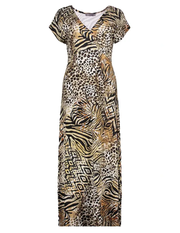 Geisha Dress v-neck sleeveless AOP Bruin
