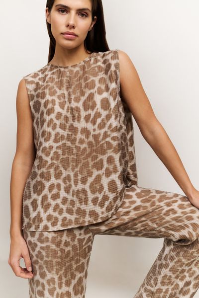 YaYa Mouwloze top met luipaardprint Ecru