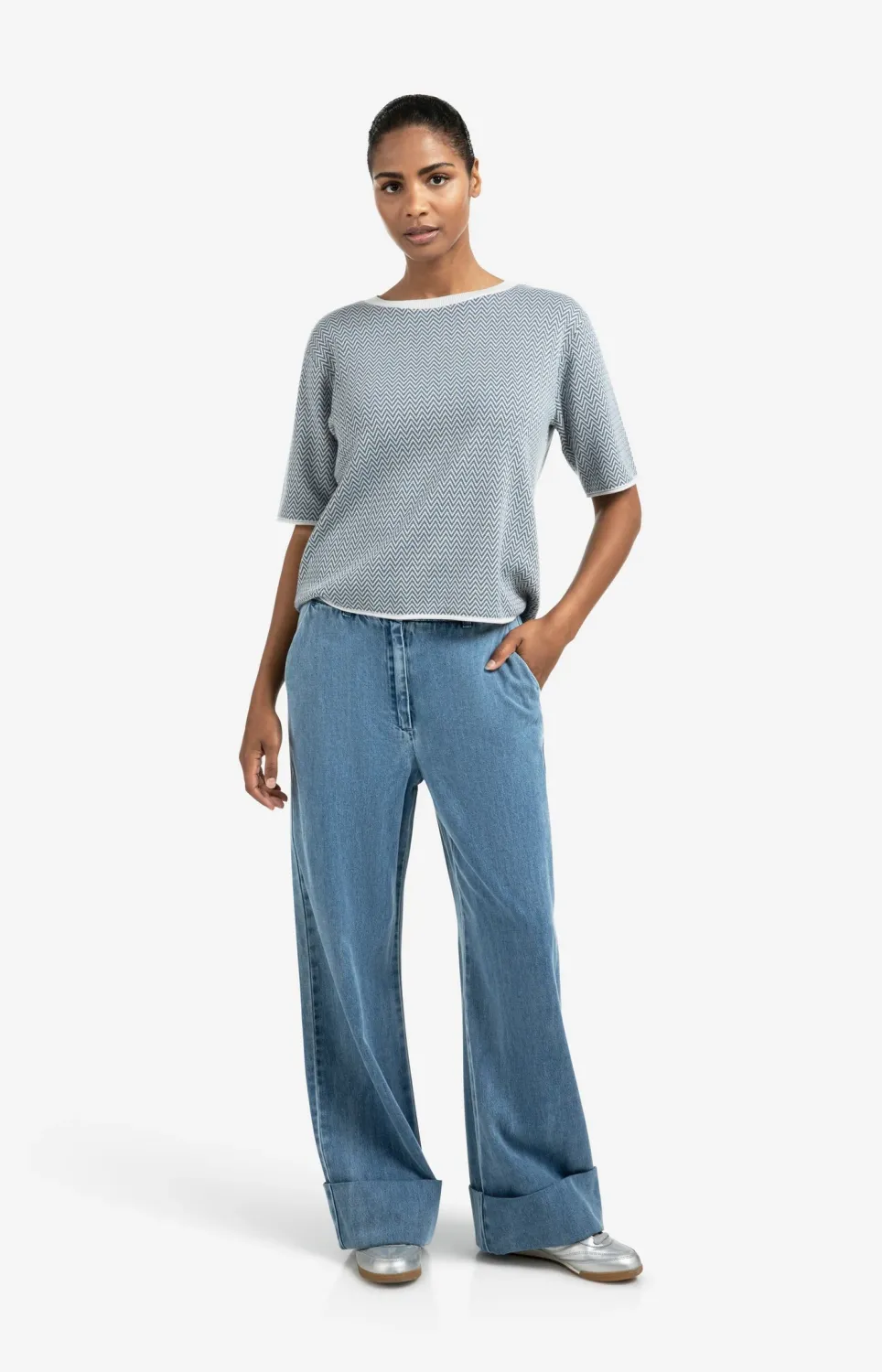 Yaya Jacquard T-shirt met zigzagpatroon en korte mouwen