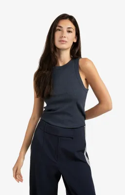 Yaya Ribgebreid singlet met ronde hals en lichte glans blauw