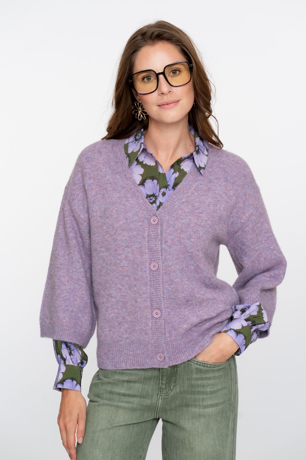 Geisha Cardigan v-neck 3/4 sleeves Paars