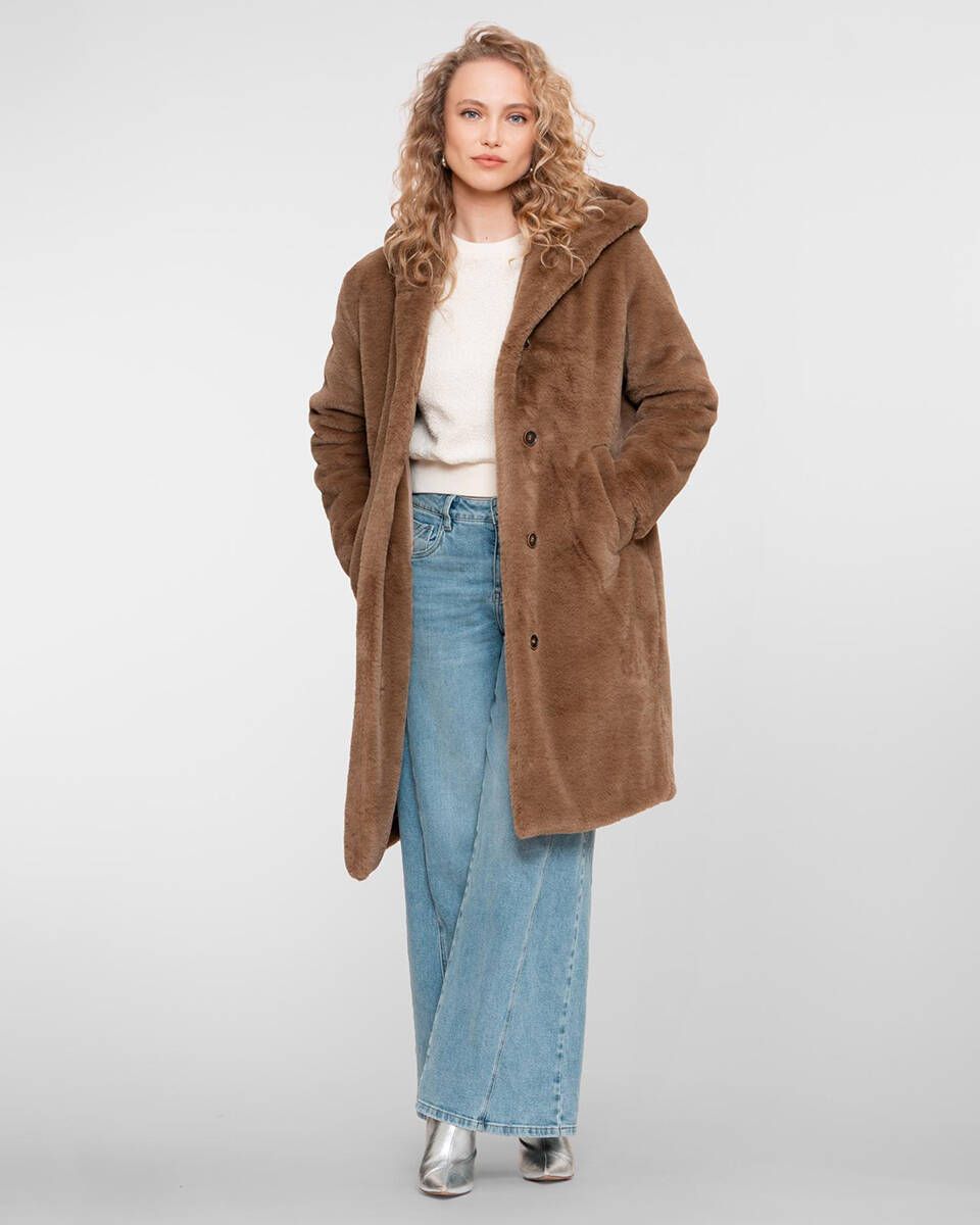 Geisha Coat fake fur with hood Bruin